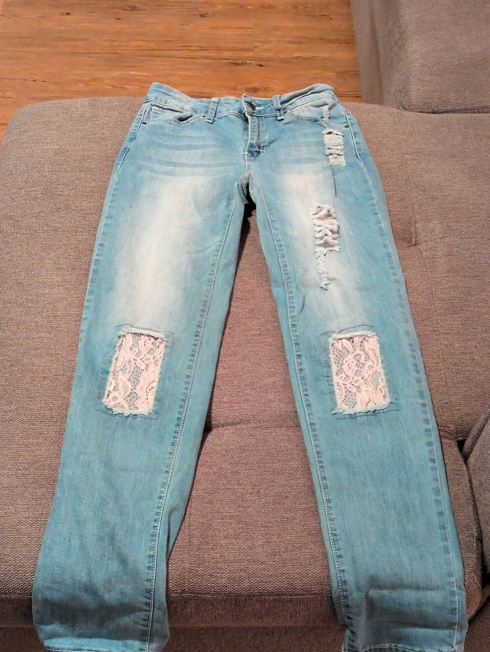 Lucky & Blessed Light Blue Distressed Straight Leg Jeans with Lace Knee Patches